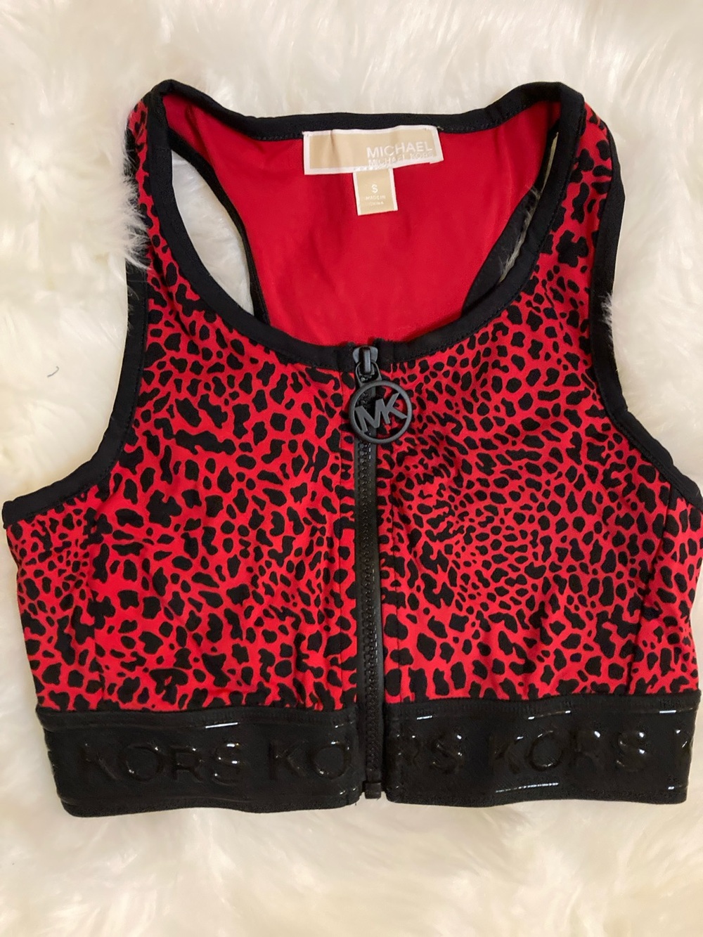 Michael Kors Red and Black Leopard Zip-Front Crop Top